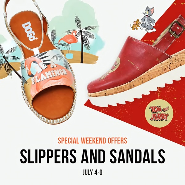 A 1:1 format promotional ad for themed footwear featuring a split-screen design with cartoon character branding and seasonal messaging.