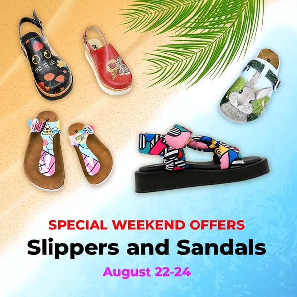 This 1:1 square ad creative showcases a variety of illustrated, colorful slippers and sandals against a beach-themed background to drive weekend sales.