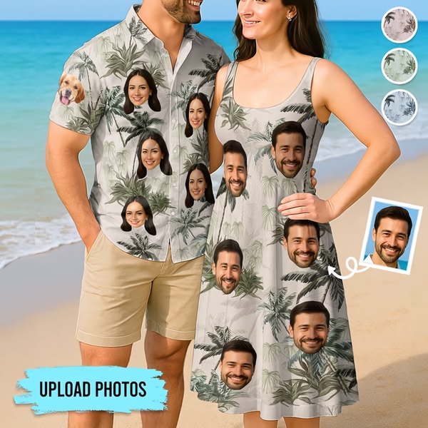 custom face shirt, personalized photo dress, custom print shirt, photo face clothing, custom couples outfits, product demo, lifestyle, playful, neutral, blue