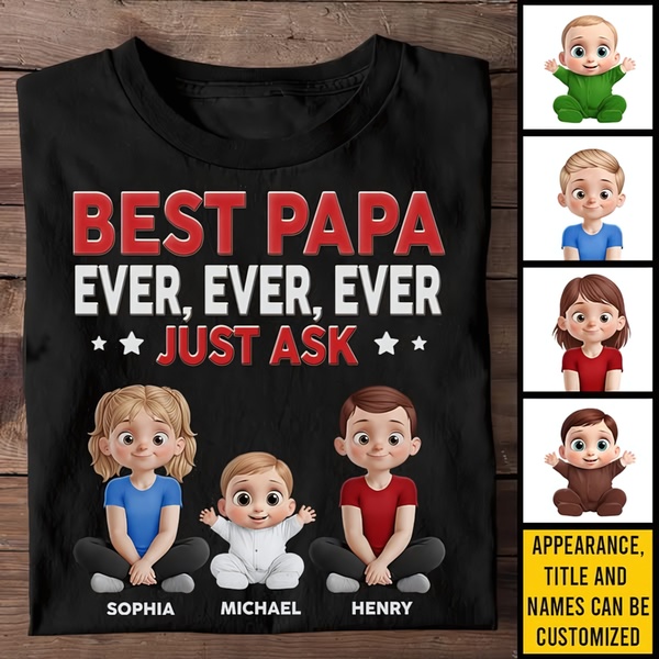 graphic t-shirt, custom printed shirt, personalized father shirt, papa t-shirt, family graphic shirt, gift guide, lifestyle, playful, black, white, red