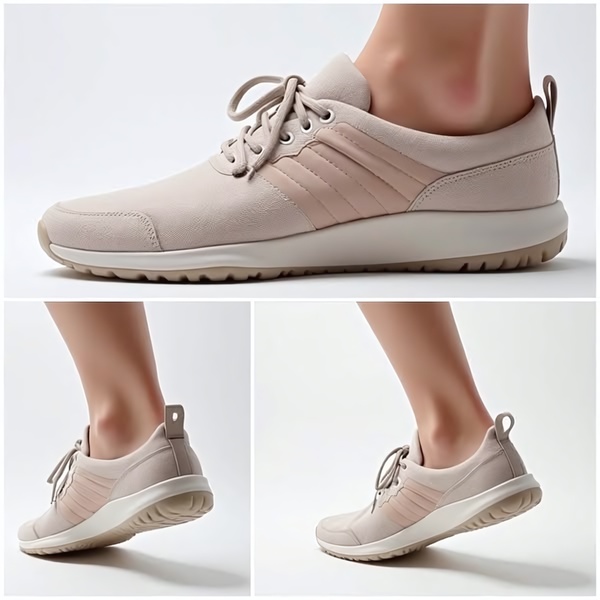 A clean, high-contrast studio shot of a neutral-toned running shoe from multiple angles, emphasizing product design and material texture.