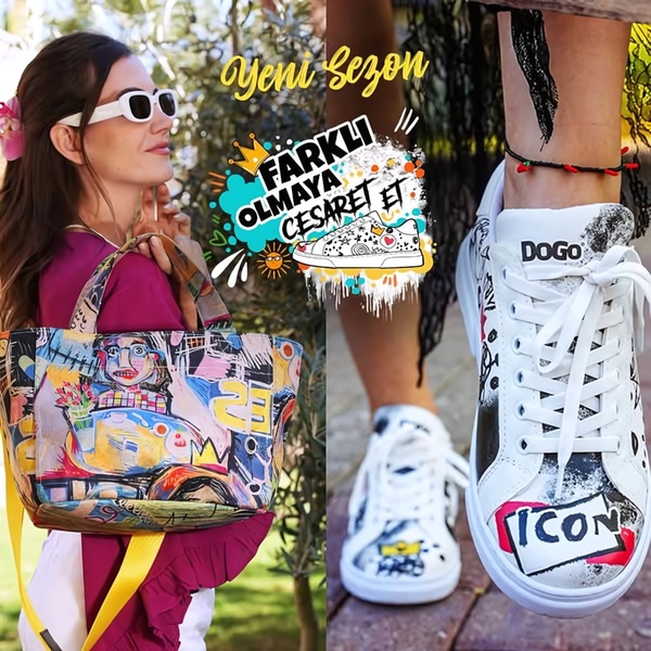 This ad creative features a split-screen layout showcasing a stylized handbag on the left and patterned, urban-art inspired sneakers on the right.