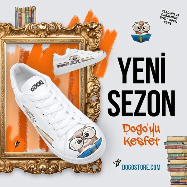 A 1:1 format product hero ad featuring sneakers with owl artwork presented inside a classical gold picture frame, surrounded by books.