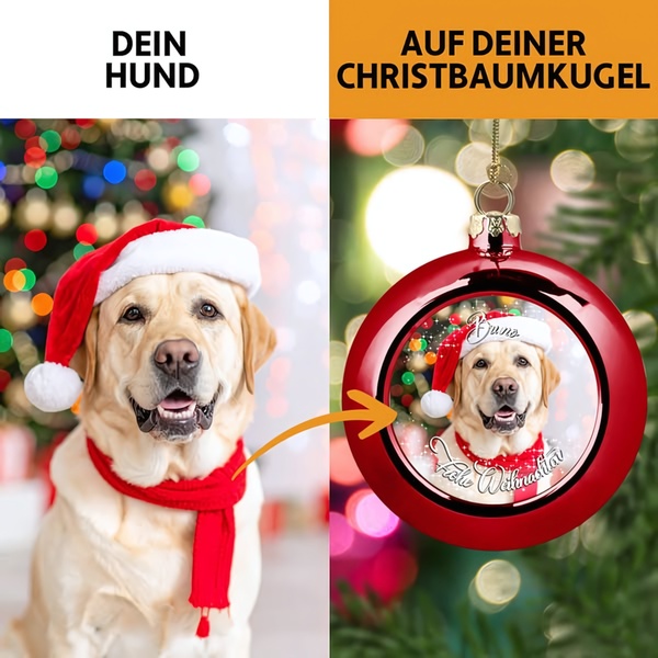 A split-screen comparison showing a dog wearing holiday attire on the left and that same image rendered onto a personalized red Christmas ornament on the right.