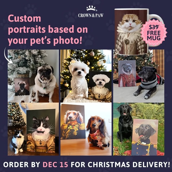 A gallery of various pets displayed next to their custom royal-themed portraits, highlighting a seasonal gift offer.
