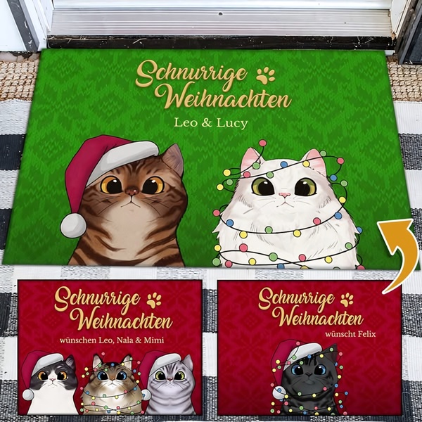 This ad creative features three personalized doormat variations with cute, illustrated cats in holiday themes to drive seasonal sales.