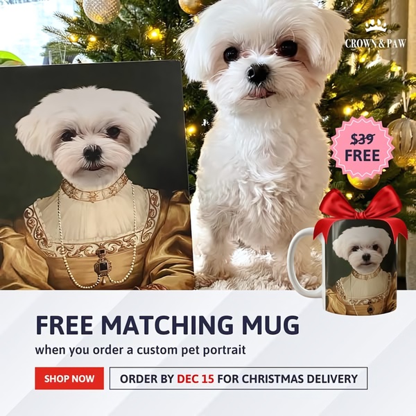A split-screen visual showcasing a custom pet portrait canvas alongside the real-life pet, highlighting a free matching mug promotional offer for the holiday season.