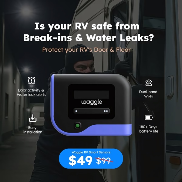 A square ad featuring a security-focused, fear-based hook that highlights product utility for RV owners.