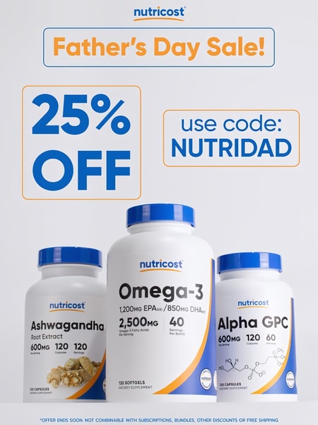 A clean, high-contrast promotional graphic highlighting a 25% discount on dietary supplement bottles for a Father's Day sale event.