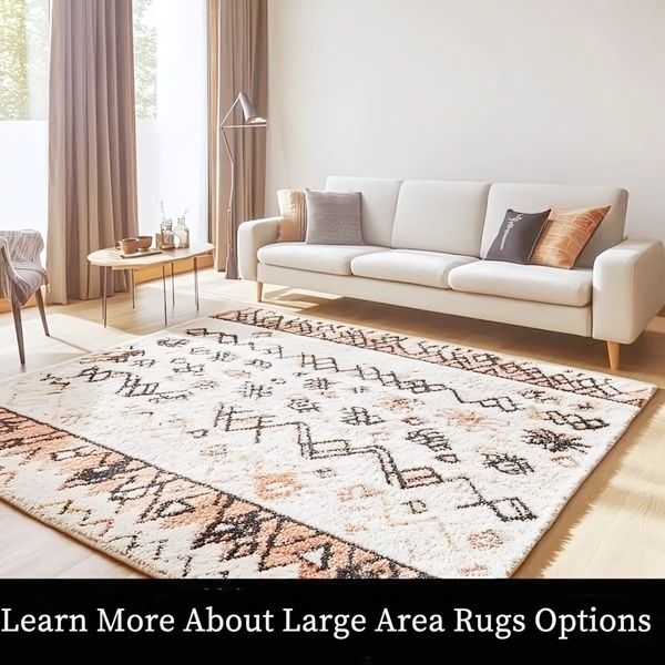 This creative showcases an Area Rug in a clean, brightly lit living room setting, emphasizing the product's integration into a neutral home decor scheme.