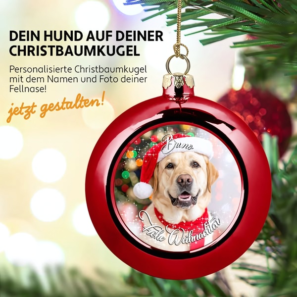 A high-quality square creative featuring a personalized Christmas ornament displaying a dog in a Santa hat, designed to showcase custom product capabilities.