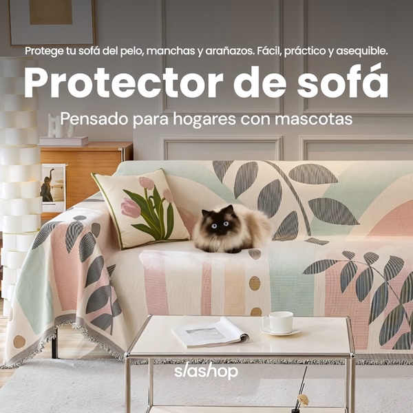 A high-clarity lifestyle shot featuring a cat resting on a stylishly patterned sofa protector, highlighting aesthetic appeal and functional protection.