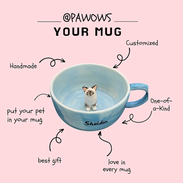 This 1:1 square creative uses a minimalist, diagram-style layout to highlight the unique, handmade, and customizable features of a ceramic mug.