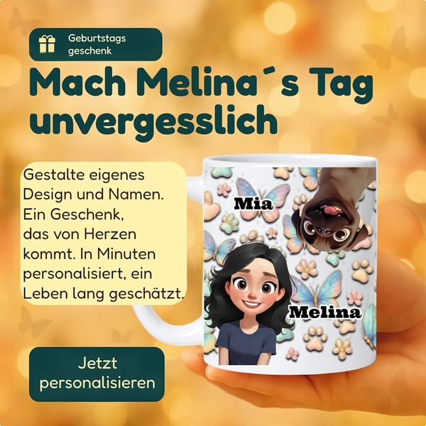 A clean, square-format ad featuring a custom-designed ceramic mug with a pet and owner, utilizing soft, warm bokeh lighting to evoke a sentimental mood.