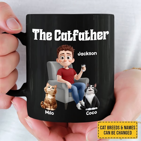A square 1:1 image featuring a customizable illustrated character and two cat avatars on a black ceramic mug.