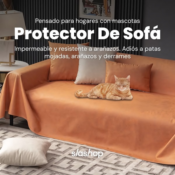A clean, high-contrast ad featuring a cat relaxing on an orange sofa protector, highlighting key pain points like scratches and spills.