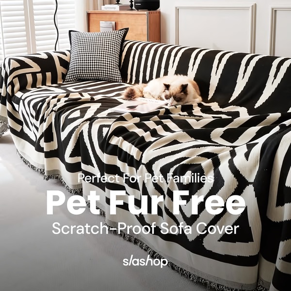 This 1:1 square ad creative showcases a scratch-proof sofa cover in a modern, high-contrast black and white pattern with a pet resting comfortably on it.