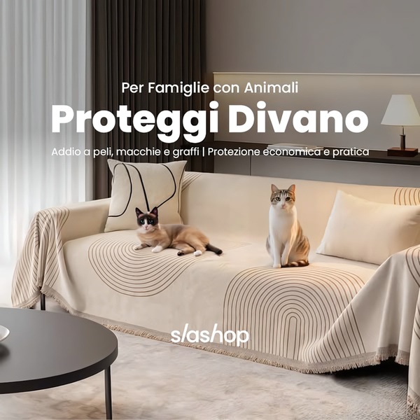 A 1:1 square ad featuring a minimalist, high-quality sofa cover with two cats, highlighting protection against pet damage.