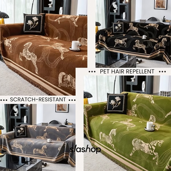 A 1:1 grid layout showcasing a sofa cover in multiple colors, highlighting key features like pet hair repellency and scratch resistance.