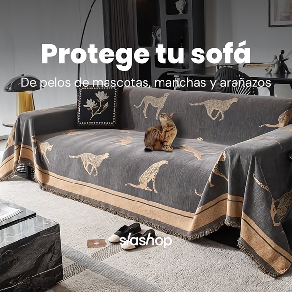 A 1:1 image advertisement featuring a printed sofa cover protecting furniture from a cat. The creative uses a clear value proposition to address common pain points.