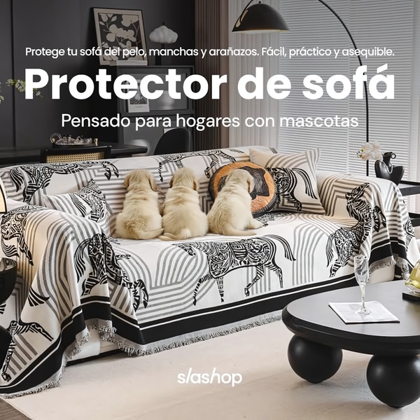A square-ratio ad creative featuring a patterned sofa protector with three puppies, highlighting the ease and practicality of protecting furniture from pets.