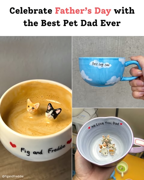 A split-screen, high-definition product close-up showcasing custom ceramic mugs with 3D pet figures inside, featuring personal inscriptions for pet dads.