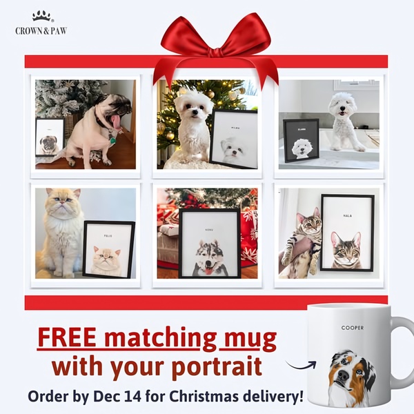 A festive-themed promotional graphic showing multiple pet portraits as gift ideas, featuring a free mug incentive for holiday orders.