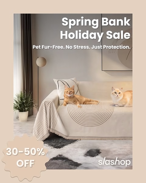 A high-conversion 4:5 social media ad showcasing a pet-friendly sofa cover in a serene, neutral home environment with a clear seasonal discount offer.
