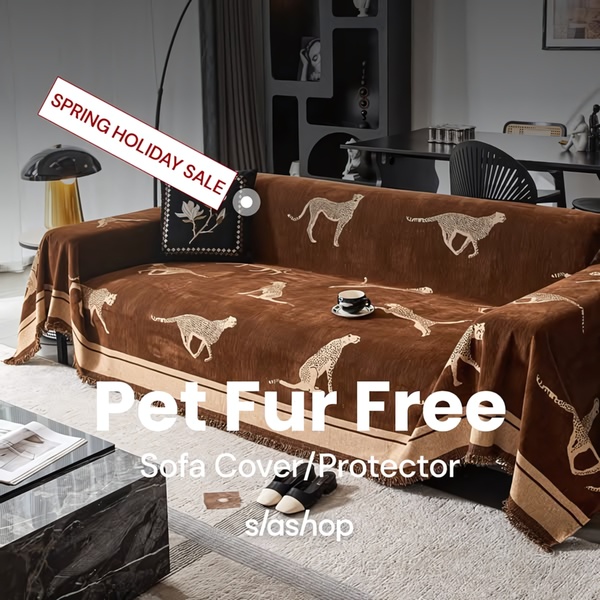A square-ratio ad creative featuring a patterned sofa protector with a clear text overlay highlighting the core pet-friendly value proposition and a seasonal sale.
