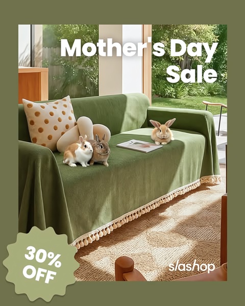 A 4:5 vertical ad creative for a sofa cover featuring two rabbits on a green sofa, promoting a 30% discount for Mother's Day.