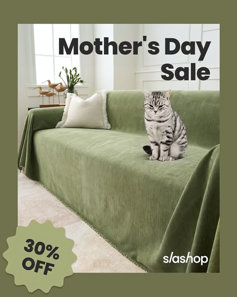 A clean, minimalist 4:5 lifestyle ad featuring a cat sitting on a sage green sofa cover, clearly communicating a 30% off sale.