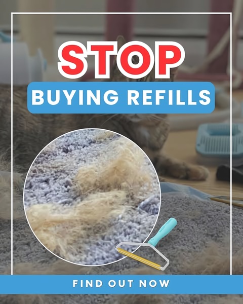 A problem-solution focused ad featuring a lint remover demonstrating effective pet hair removal from carpet, highlighting the waste of disposable refills.