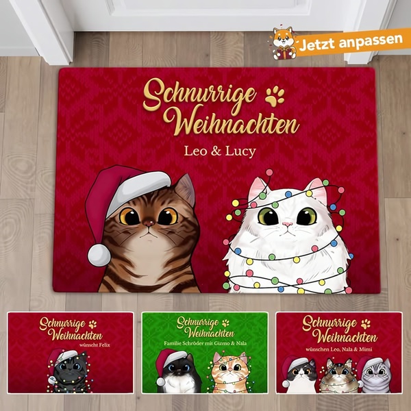 A square ad format showcasing a personalized, cat-themed holiday doormat with multiple design variations shown below the primary product image.