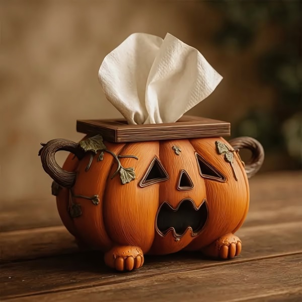 A festive, jack-o'-lantern inspired tissue box crafted for seasonal home decor, captured in a clean product-first aesthetic.