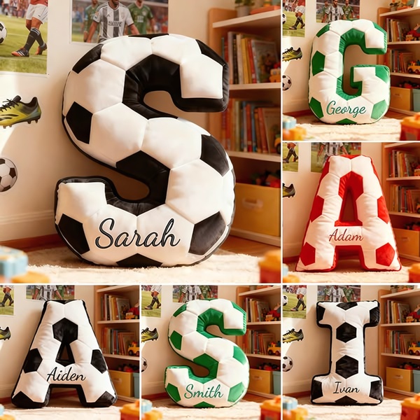 A collage showing various custom-named pillows shaped like letters S, G, A, and I, designed with a soccer ball pattern.