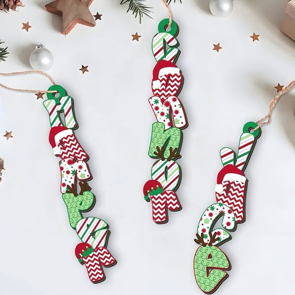 A high-quality 1:1 ratio flat-lay photography composition featuring personalized wooden ornaments arranged with holiday-themed star accents.