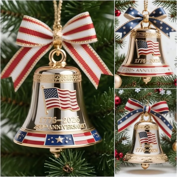 A high-detail 1:1 image featuring a golden bell Christmas ornament with a patriotic ribbon and 1776-2026 anniversary engraving.
