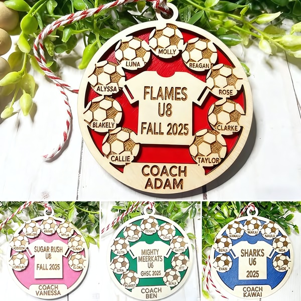 A high-quality wooden sports ornament personalized with team names, fall year, and individual player tags in a circular, layered aesthetic.