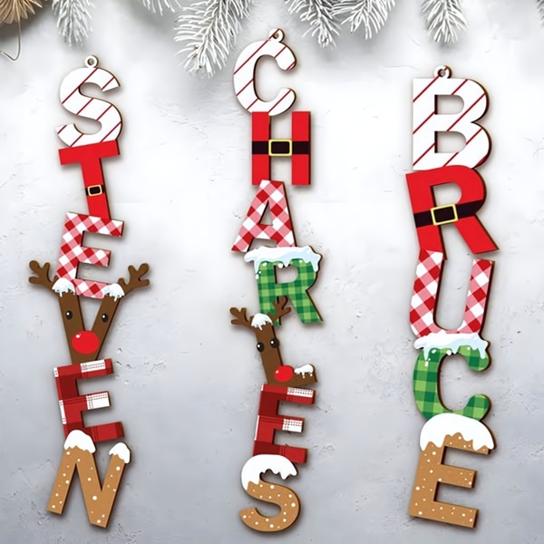 A vertical layout showcasing personalized Christmas ornaments featuring custom names, plaid patterns, and festive holiday characters.
