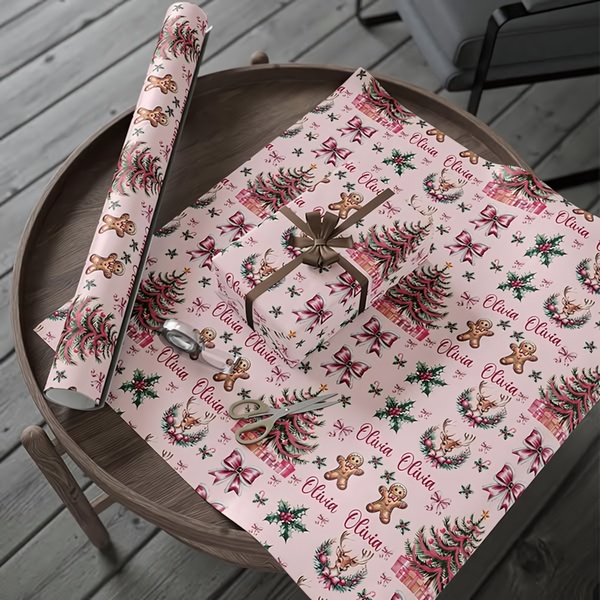 A high-angle product shot displaying personalized wrapping paper rolls and a wrapped gift box on a wooden table, featuring holiday-themed gingerbread men and reindeer patterns.