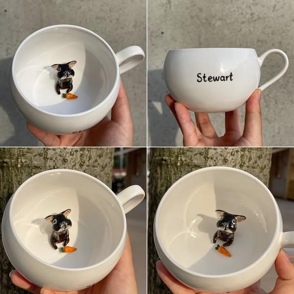 A close-up demonstration of a personalized ceramic mug featuring a 3D rabbit figurine and custom text inside, showcasing the high-quality craftsmanship.