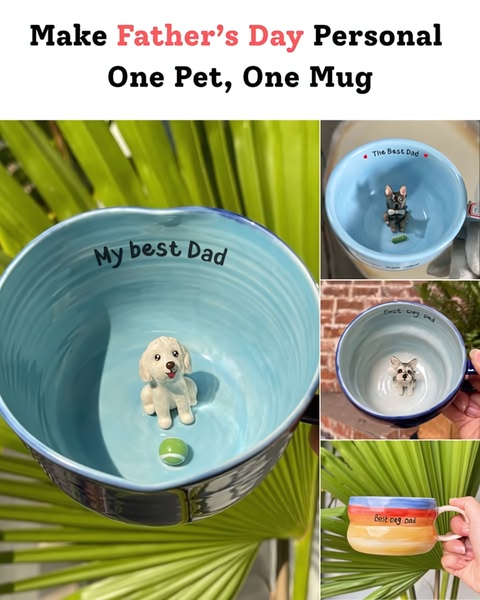 A high-conversion 4:5 social media ad featuring a ceramic mug with a custom 3D pet sculpture inside, designed for Father's Day gifting.