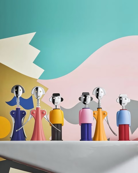 A collection of colorful, character-designed corkscrews are standing in a row against a geometric pastel background to create a playful, memorable product reveal.