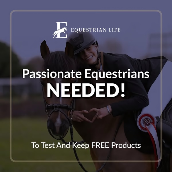 A square-format ad featuring a rider and horse displaying a heart gesture, inviting passionate equestrians to test and keep free products.