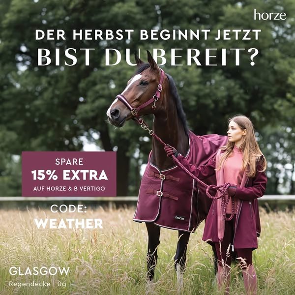 This ad features a horse wearing a rug with its owner, using a seasonal prompt to offer a 15% discount on products.