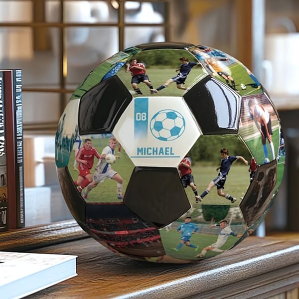A 1:1 image showcasing a soccer ball personalized with multiple action shots of a player, their name, and a jersey number, presented in a warm, domestic setting.
