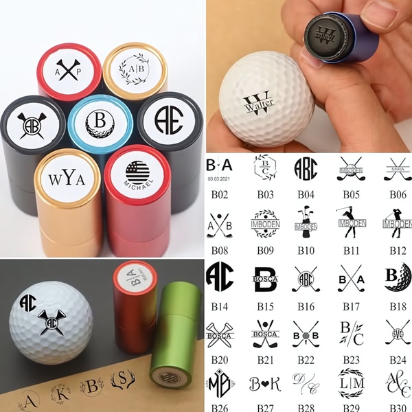 A close-up demonstration showing the application of custom stamps on golf balls, highlighting various personalization options.