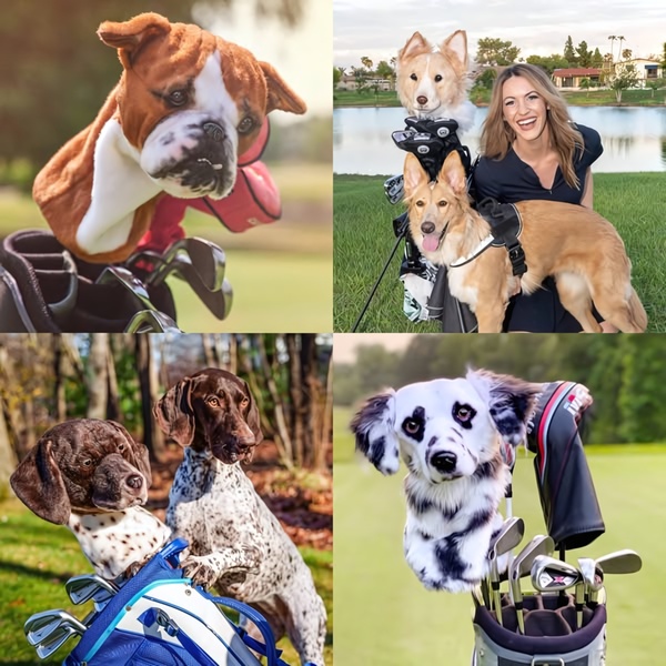 A collection of personalized golf club headcovers featuring high-quality replicas of various dog breeds on the course.