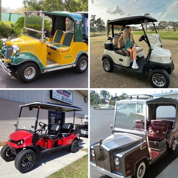 A four-panel grid display showcasing different golf cart models, emphasizing variety and aesthetic design.