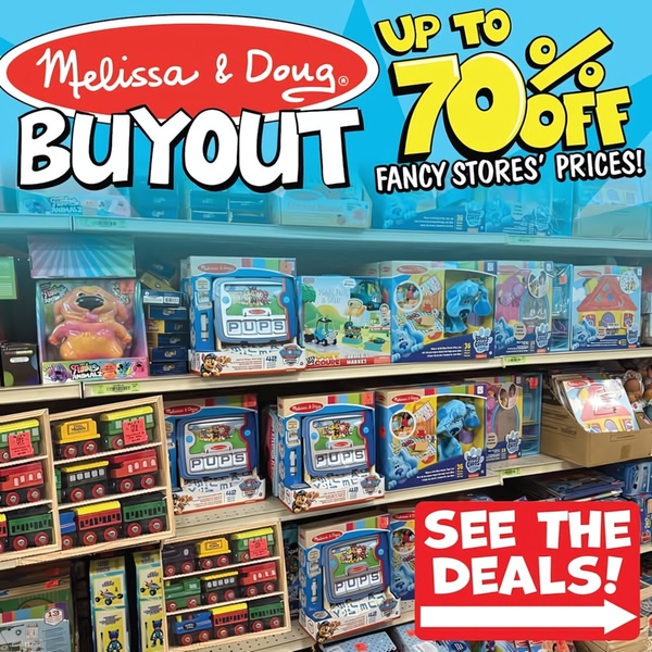 A high-visibility ad creative showcasing a children's toy blowout sale with clear discount messaging and a direct call to action.